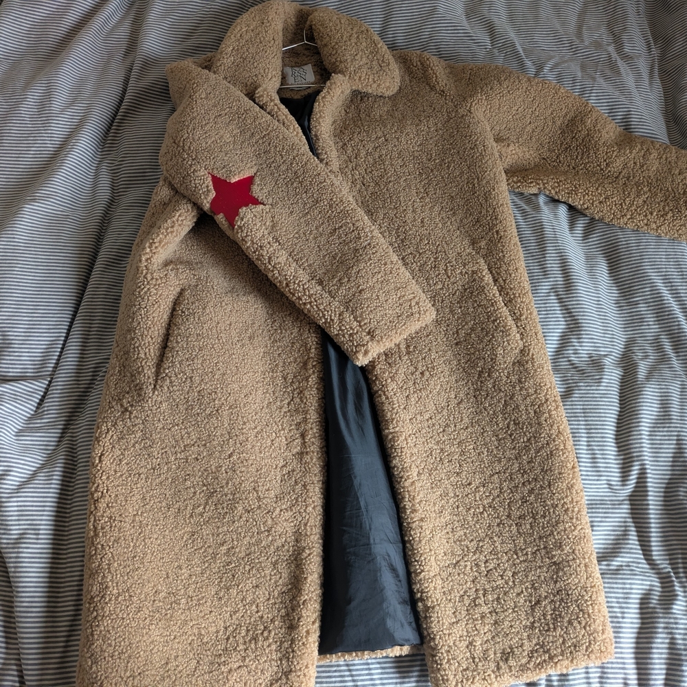 Zoe Karssen Camel Teddy Coat with Red Star Detail